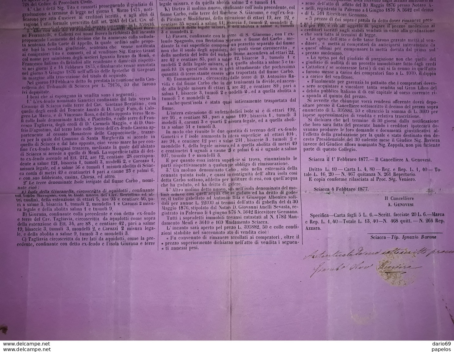 1877 MANIFESTO SCIACCA  AGRIGENTO  BANDO PER VENDITA GIUDIZIARIA  CON MARCHE DA BOLLO - Historical Documents