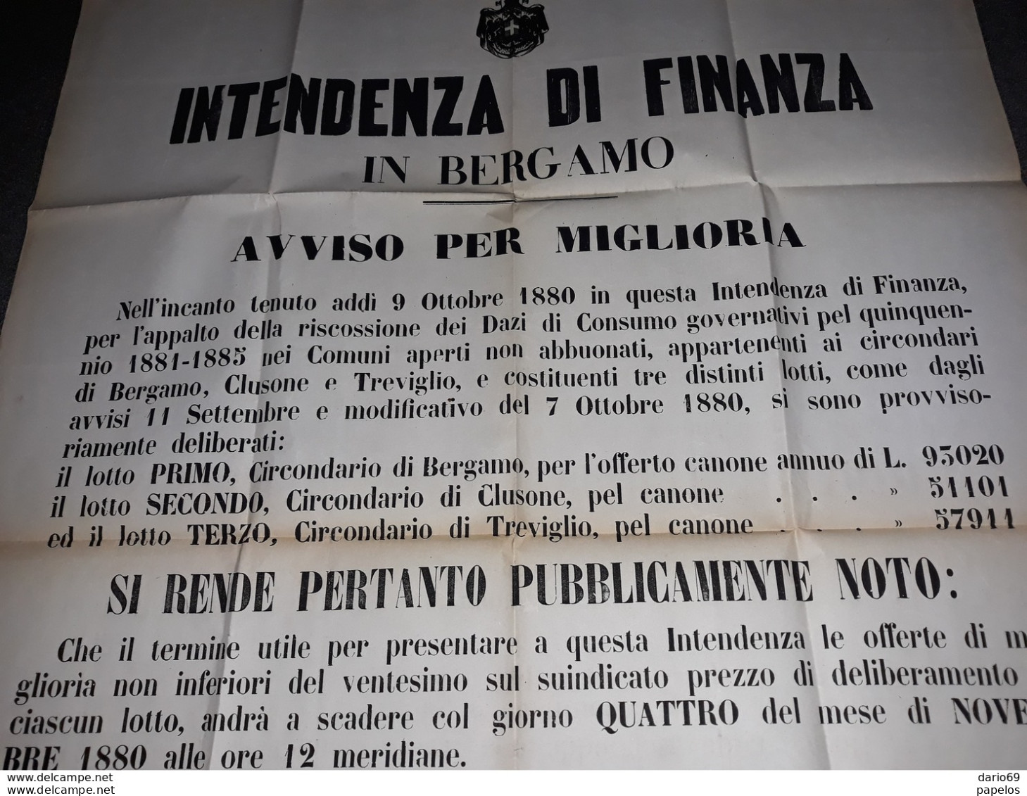 1880 MANIFESTO BERGAMO  AVVISO PER MIGLIORIA - Historische Dokumente