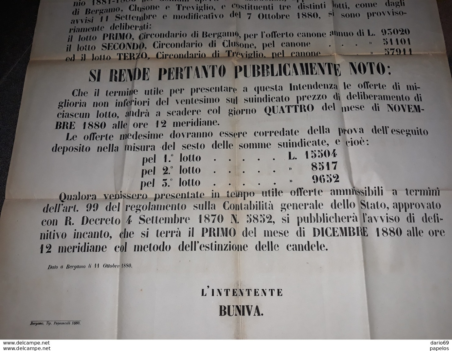 1880 MANIFESTO BERGAMO  AVVISO PER MIGLIORIA - Documents Historiques