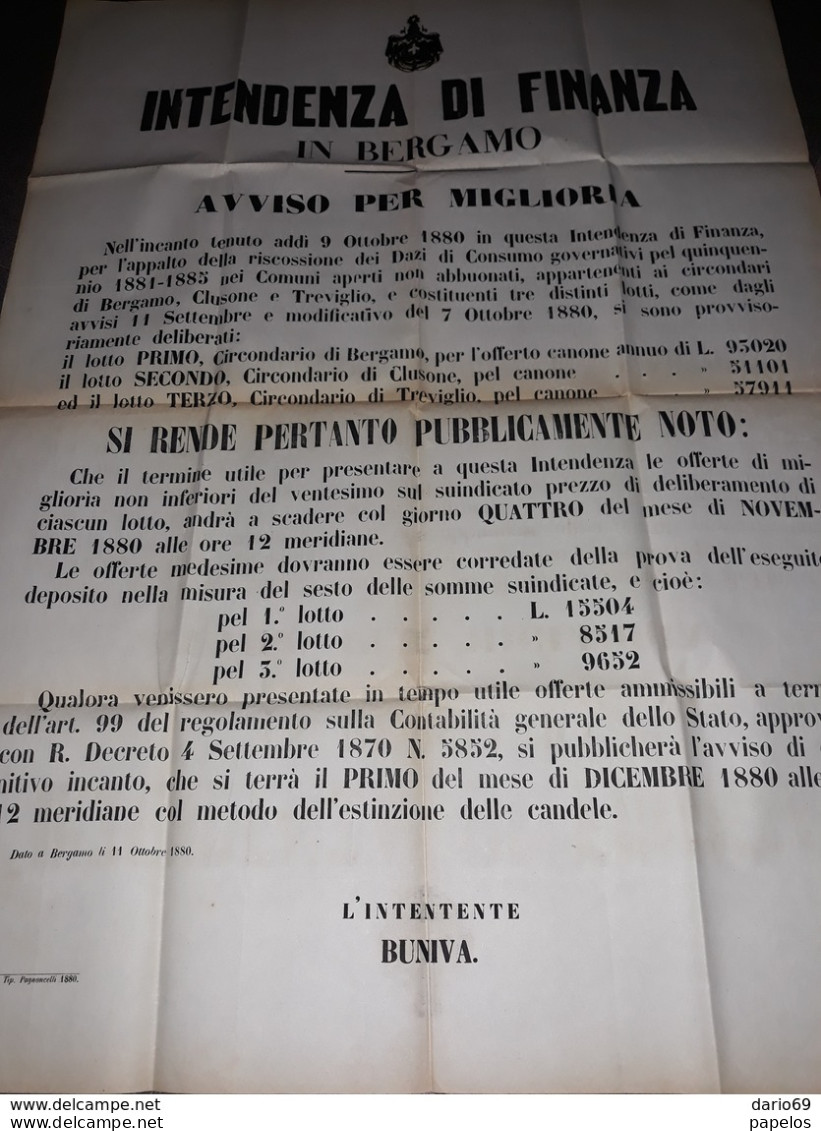 1880 MANIFESTO BERGAMO  AVVISO PER MIGLIORIA - Historical Documents
