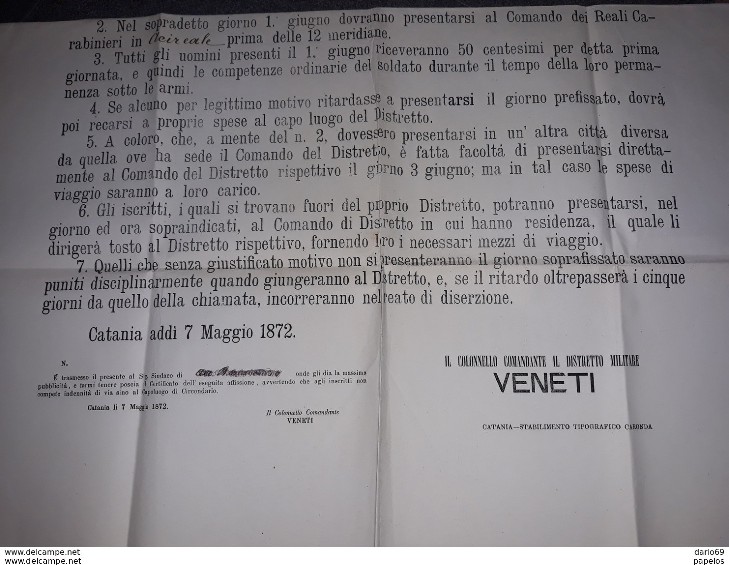 1872 CATANIA  MANIFESTO  18°  DISTRETTO MILITARE - Historische Documenten