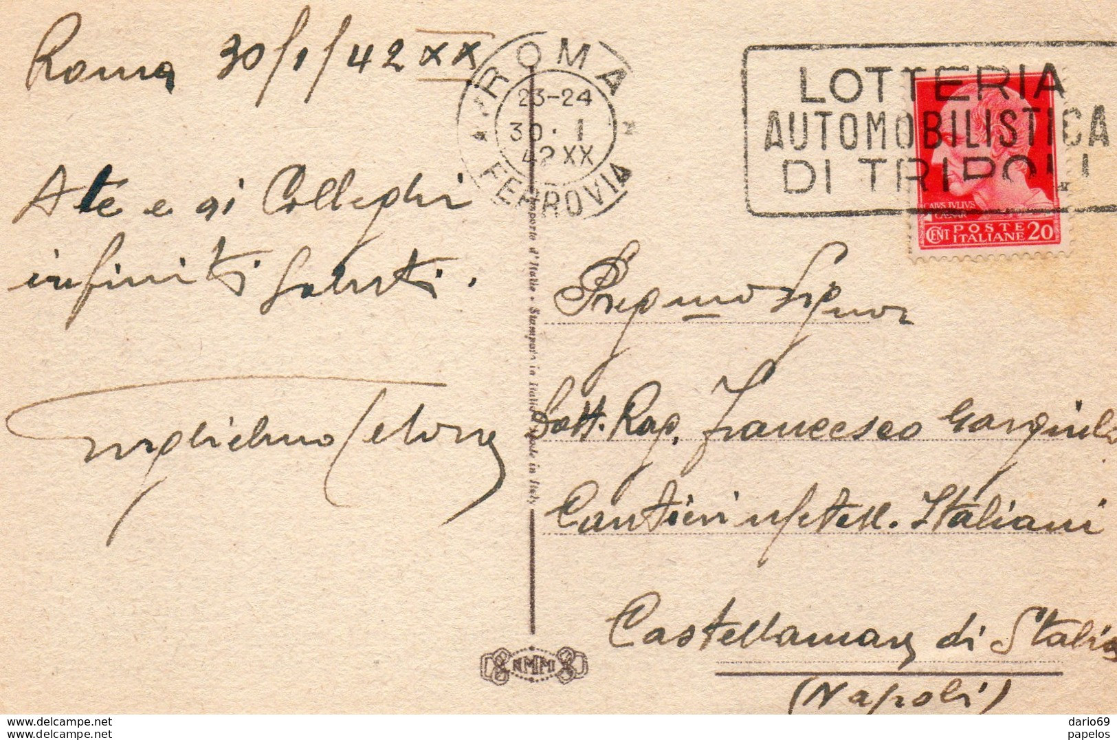 1942  CARTOLINA CON ANNULLO  ROMA        +  TARGHETTA  LOTTERIA AUTOMOBILISTICA DI TRIPOLI - Marcophilie