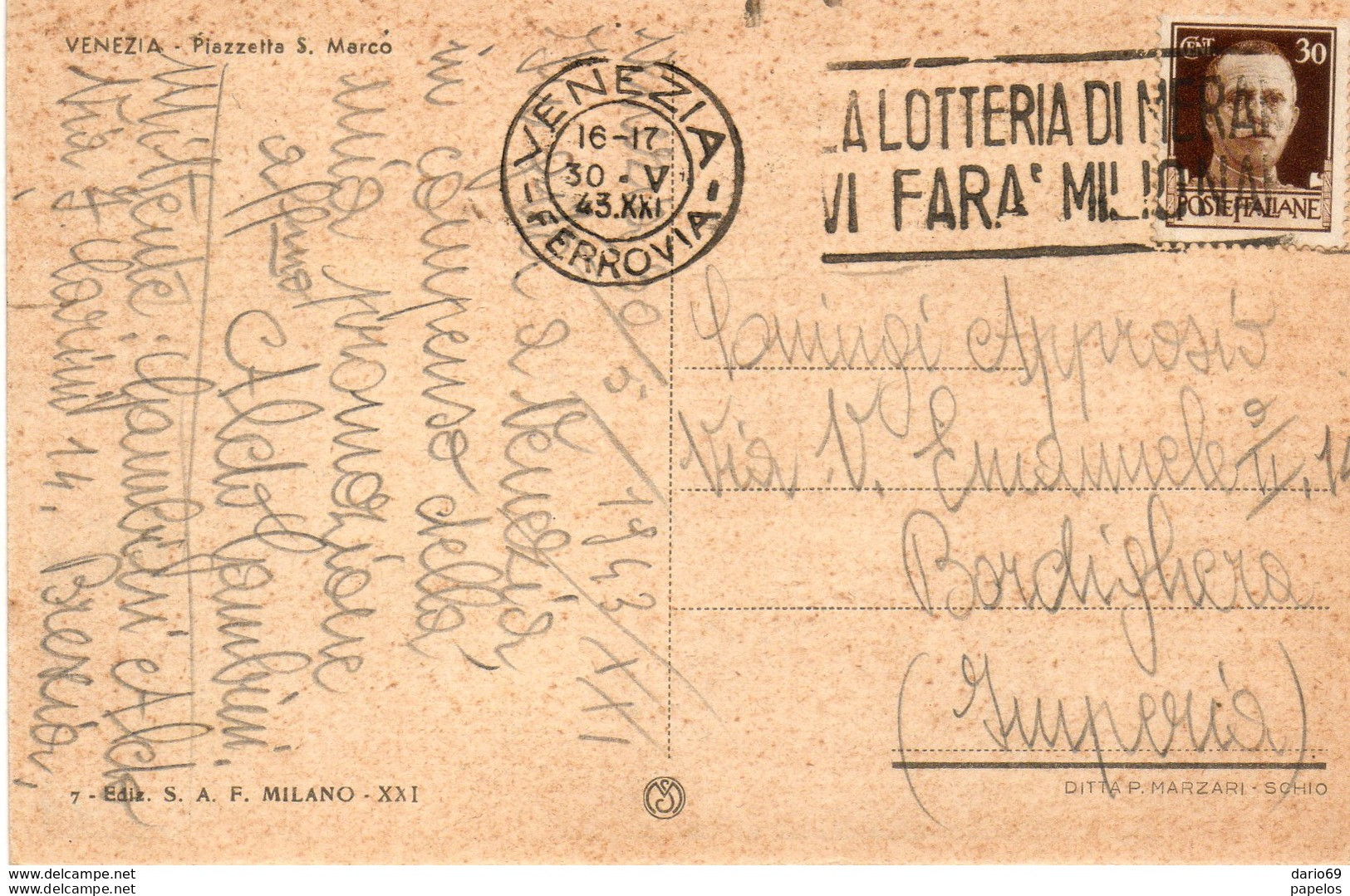 1943  CARTOLINA CON ANNULLO  VENEZIA       +  TARGHETTA - Marcofilie