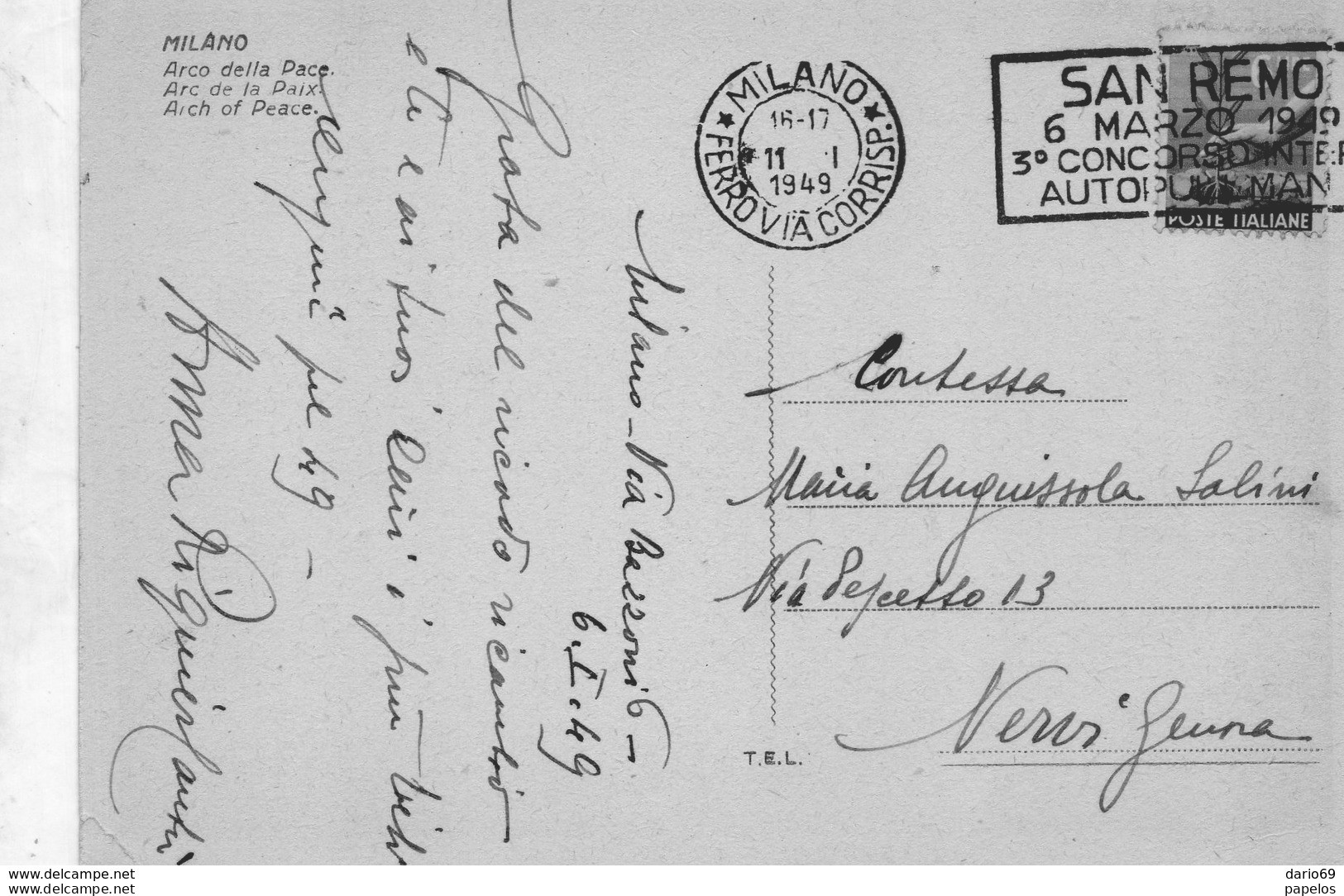 1949  CARTOLINA CON ANNULLO   MILANO   + TARGHETTA  SAN REMO - 1946-60: Poststempel