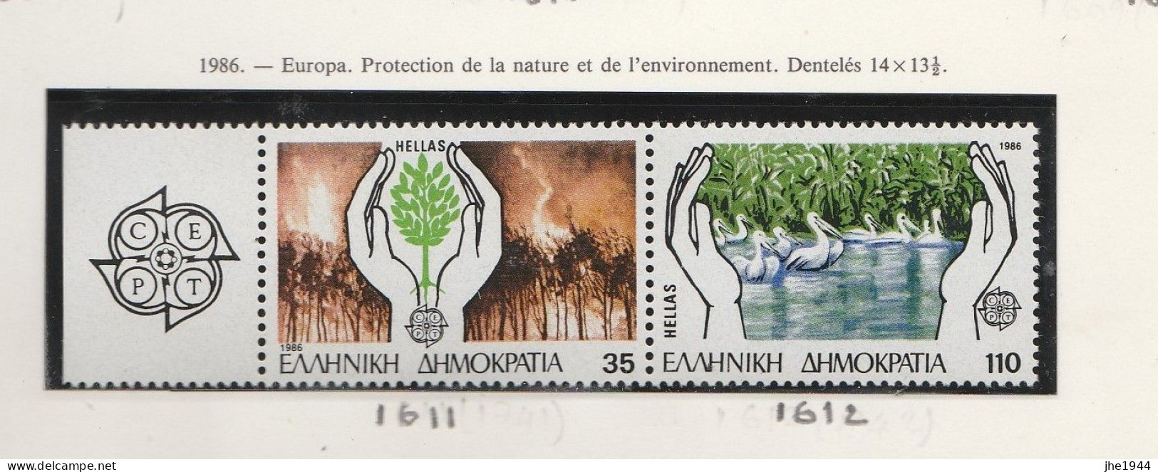 Grece N° 1611 à 1612 A ** Europa 1986 Protection Nature Et Environnement - Nuevos