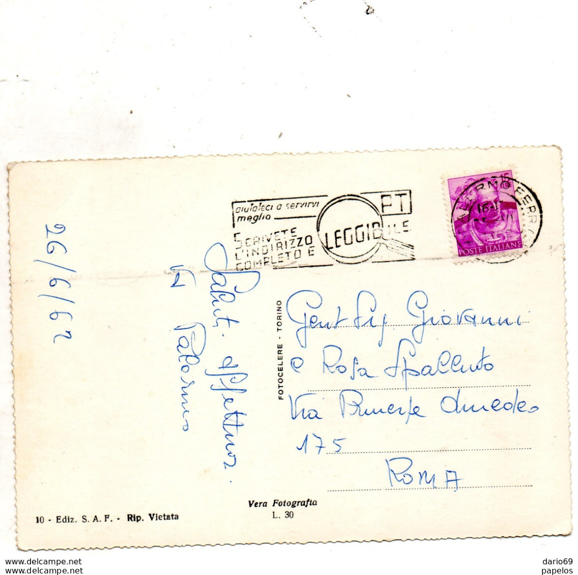1962  CARTOLINA CON ANNULLO PALERMO + TARGHETTA - 1961-70: Poststempel