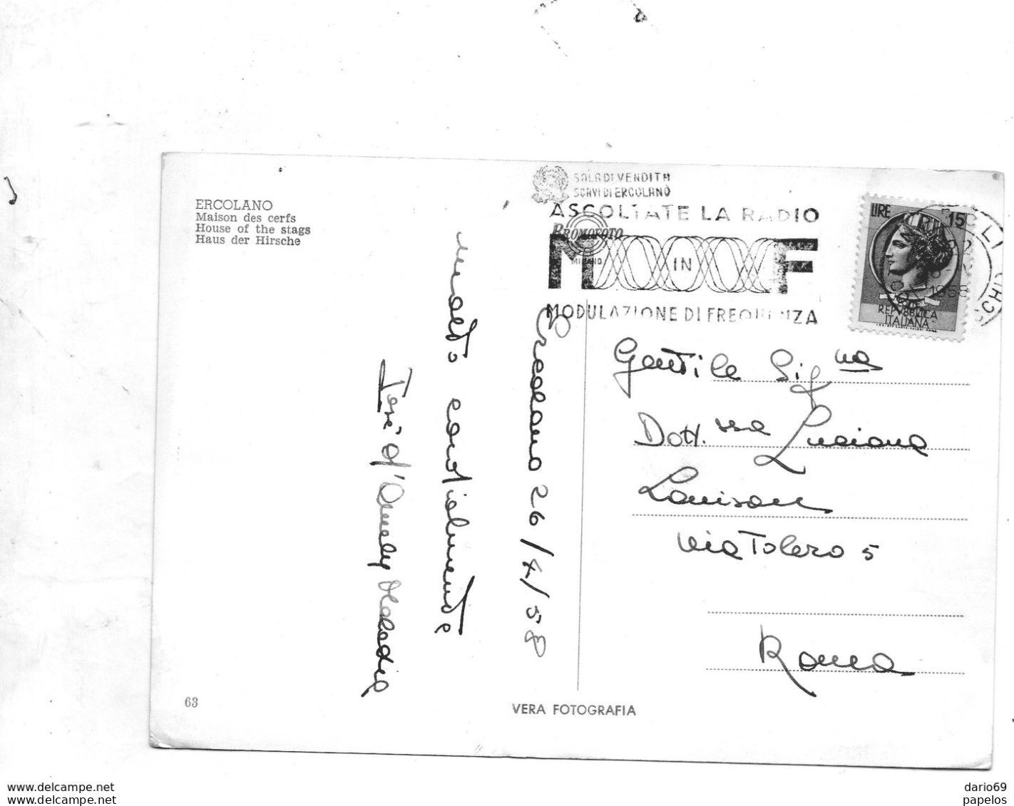1958  CARTOLINA CON ANNULLO ERCOLANO   + TARGHETTA - 1946-60: Poststempel