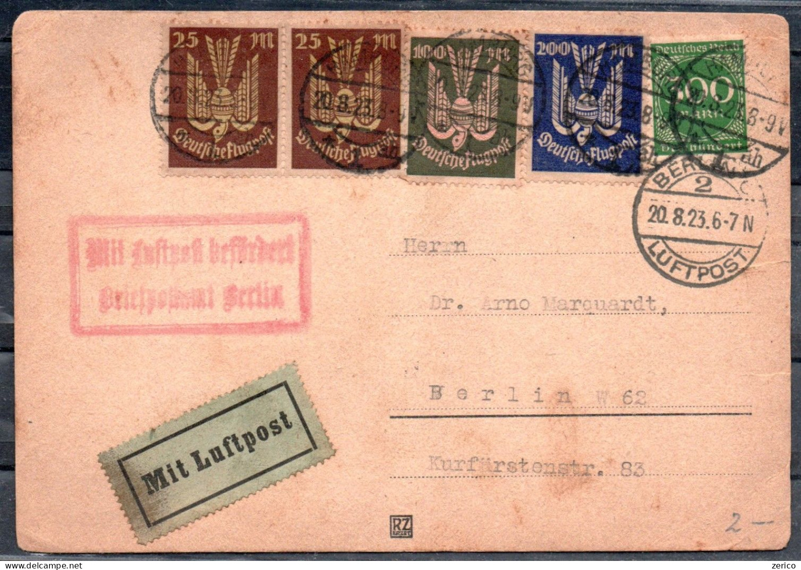 Carte Postale Poste Aérienne Pour Berlin Du 20.8.1923 Flugpostkarte Für Berlin Vom 20.8.1923 - Other & Unclassified