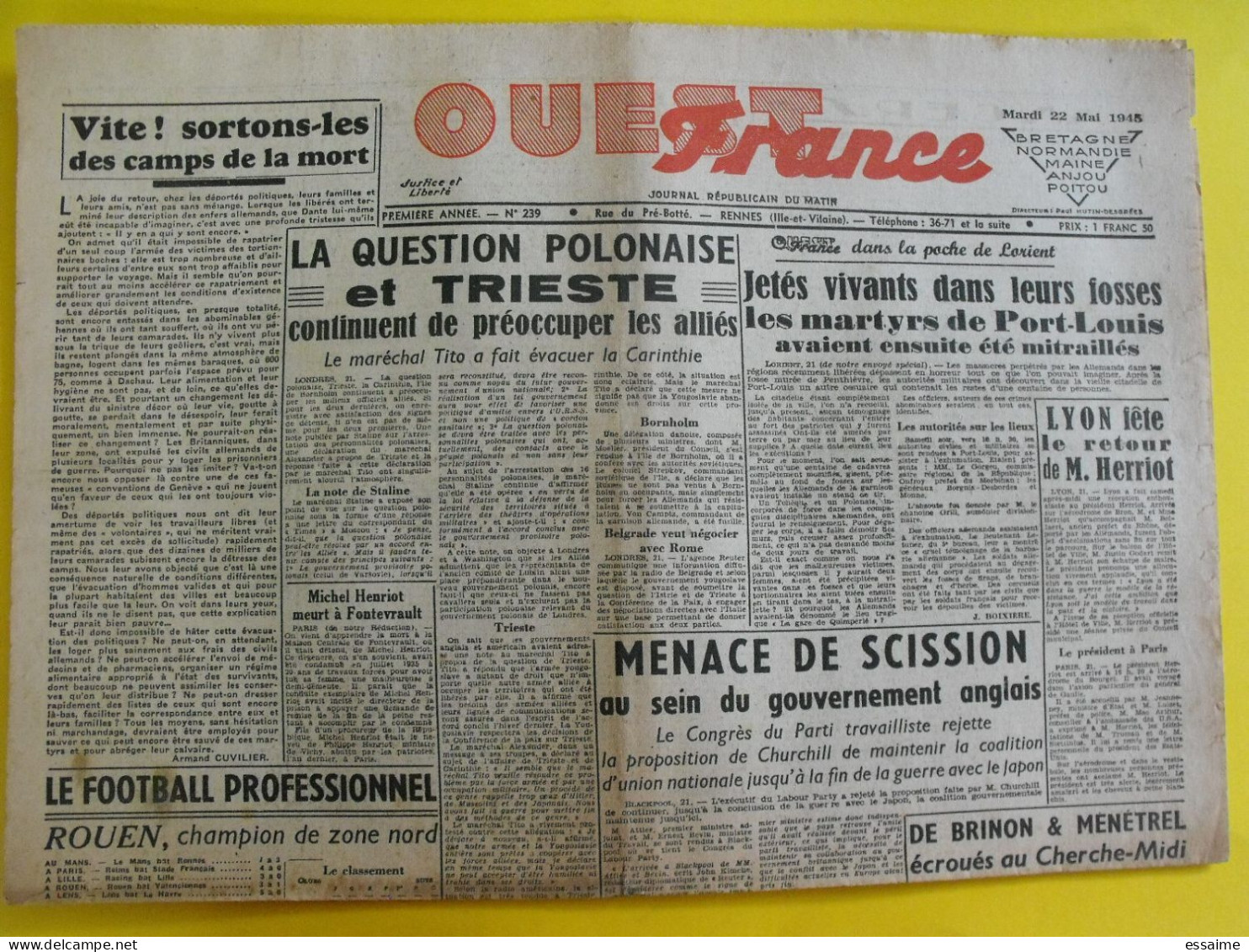 Journal L'Ouest France Du 22 Mai 1945. Guerre  De Gaulle Pologne Trieste Martyrs Port-Louis Herriot De Brinon Ménétrel - Autres & Non Classés