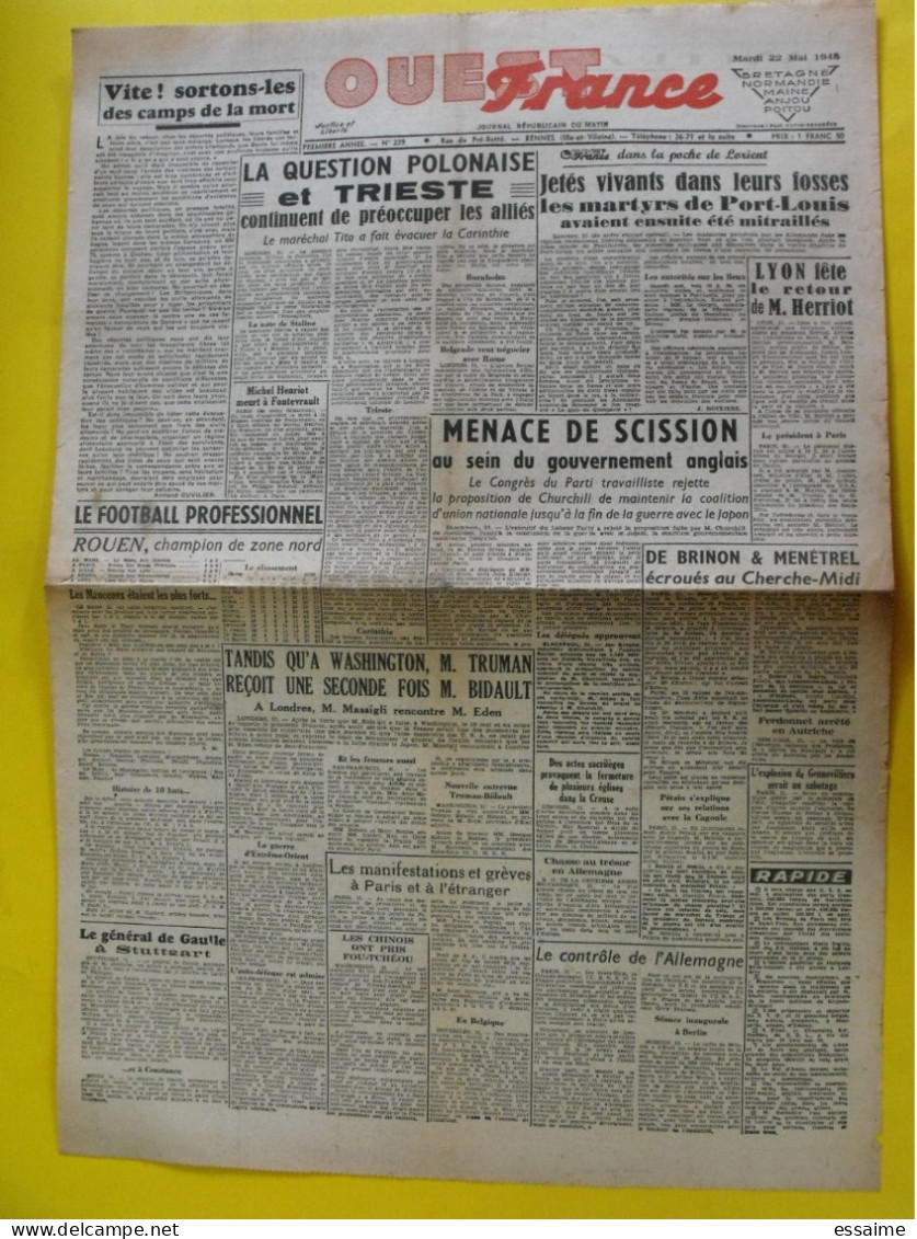 Journal L'Ouest France Du 22 Mai 1945. Guerre  De Gaulle Pologne Trieste Martyrs Port-Louis Herriot De Brinon Ménétrel - Otros & Sin Clasificación