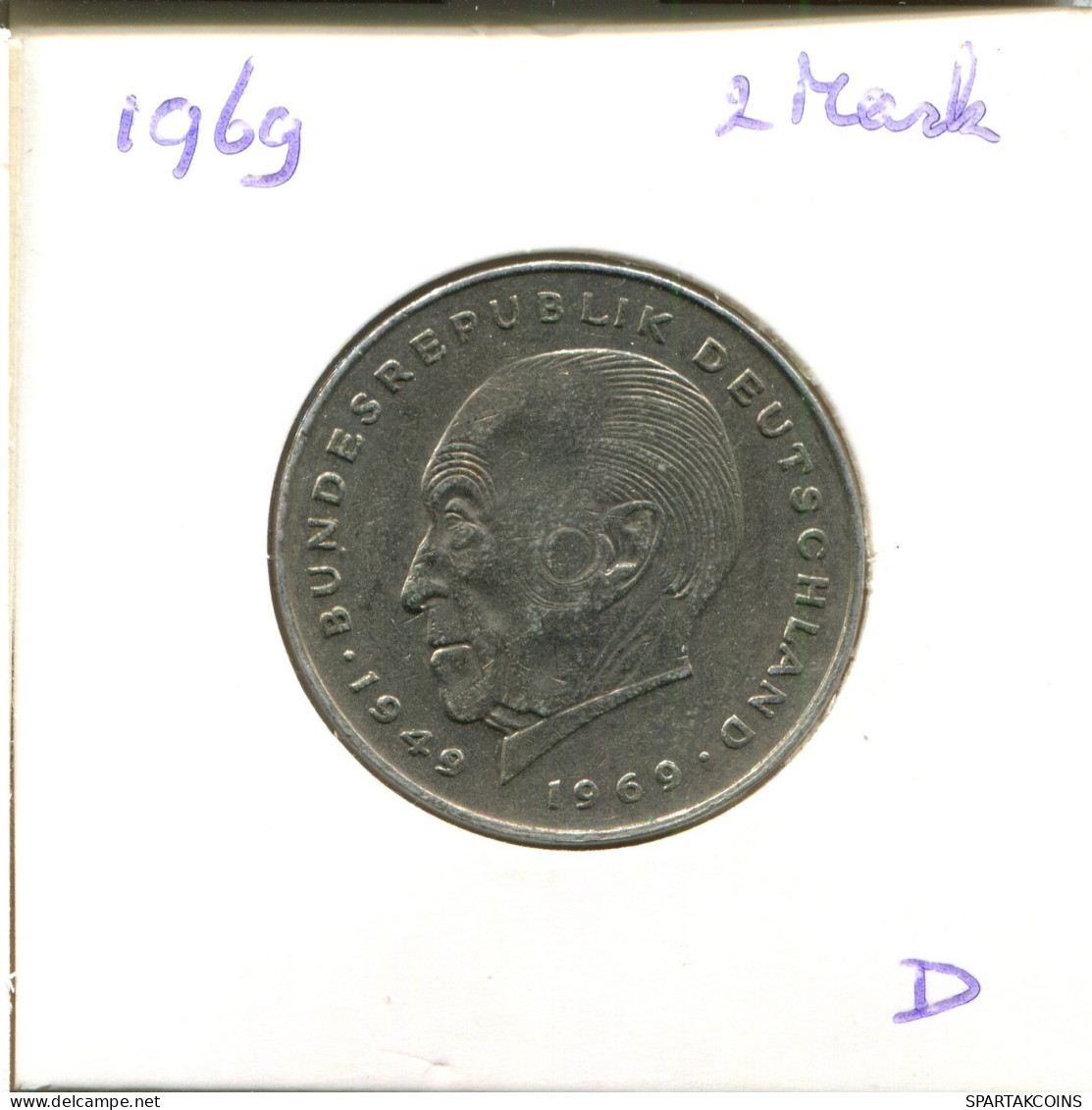 2 DM 1969 D K. ADENAUER WEST & UNIFIED GERMANY Coin #DA816.U.A - 2 Marchi