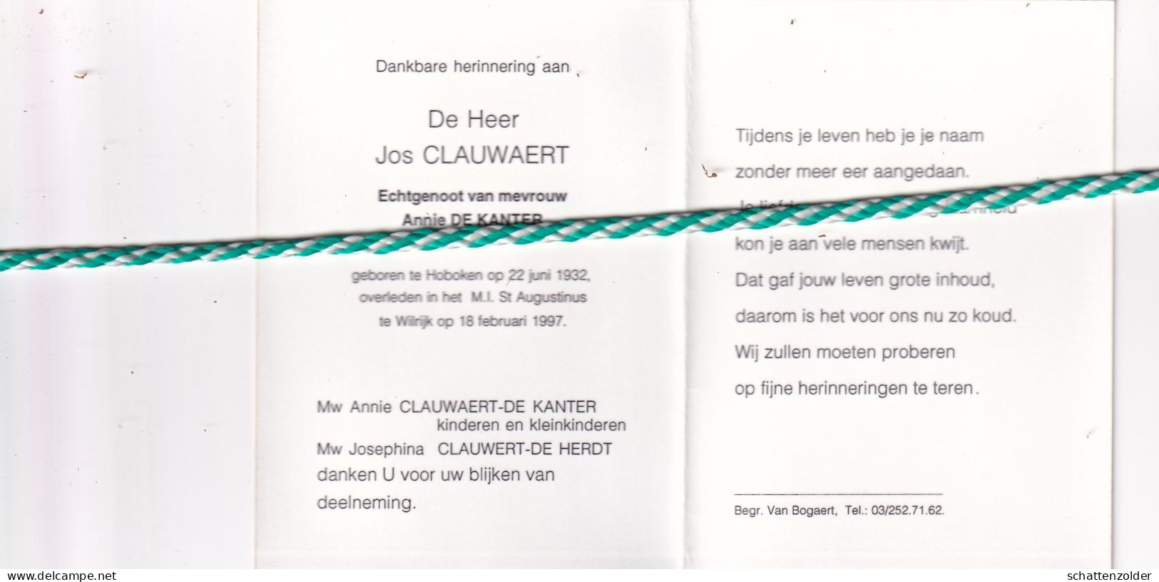 Jos Clauwaert-De Kanter, Hoboken 1932, Wilrijk 1997. Foto - Todesanzeige