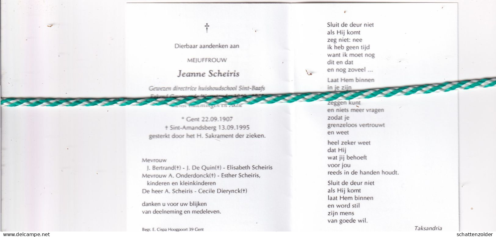 Jeanne Scheiris, Gent 1907, Sint-Amandsberg 1995. Erkend Gewapend Weerstandster Dienst Inlichtingen En Actie. Foto - Todesanzeige