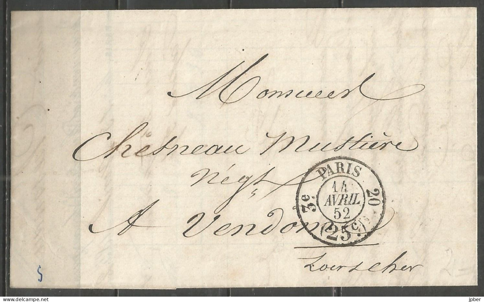 France - LSC Paris à Vendome Du 14/4/1952 - Cachet Taxe 25 Cts Paris 3e Vacation Route N°20 (route De Nantes) - 1849-1876: Periodo Clásico