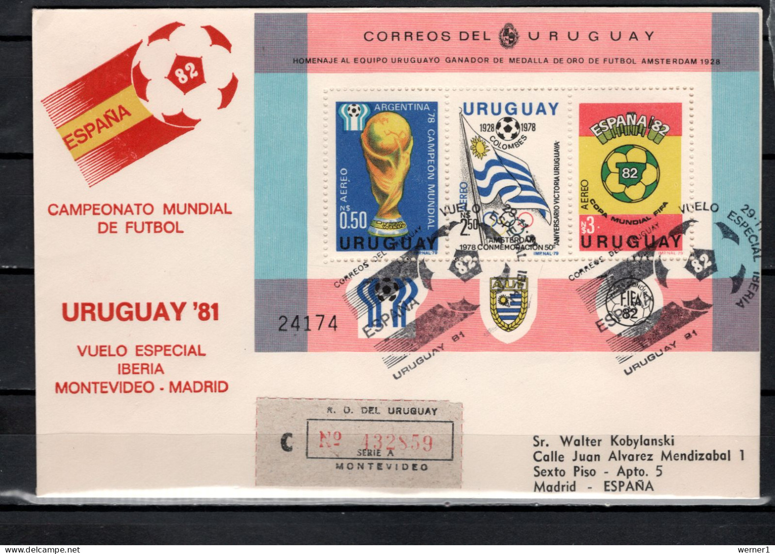 Uruguay 1981 Football Soccer World Cup Commemorative Flight Cover To Spain - 1982 – Espagne