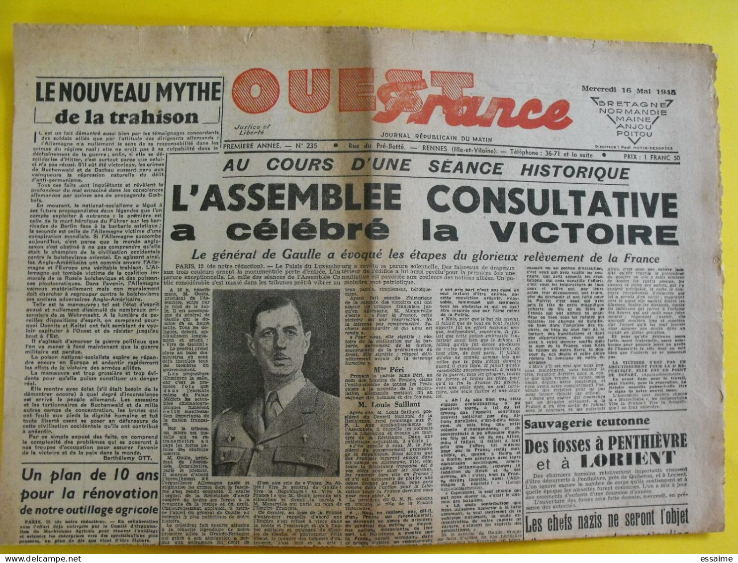 Journal L'Ouest France Du 16 Mai 1945. Guerre  De Gaulle Victoire Assemblée Fosses Penthièvre Lorient Japon Laval Chine - Other & Unclassified
