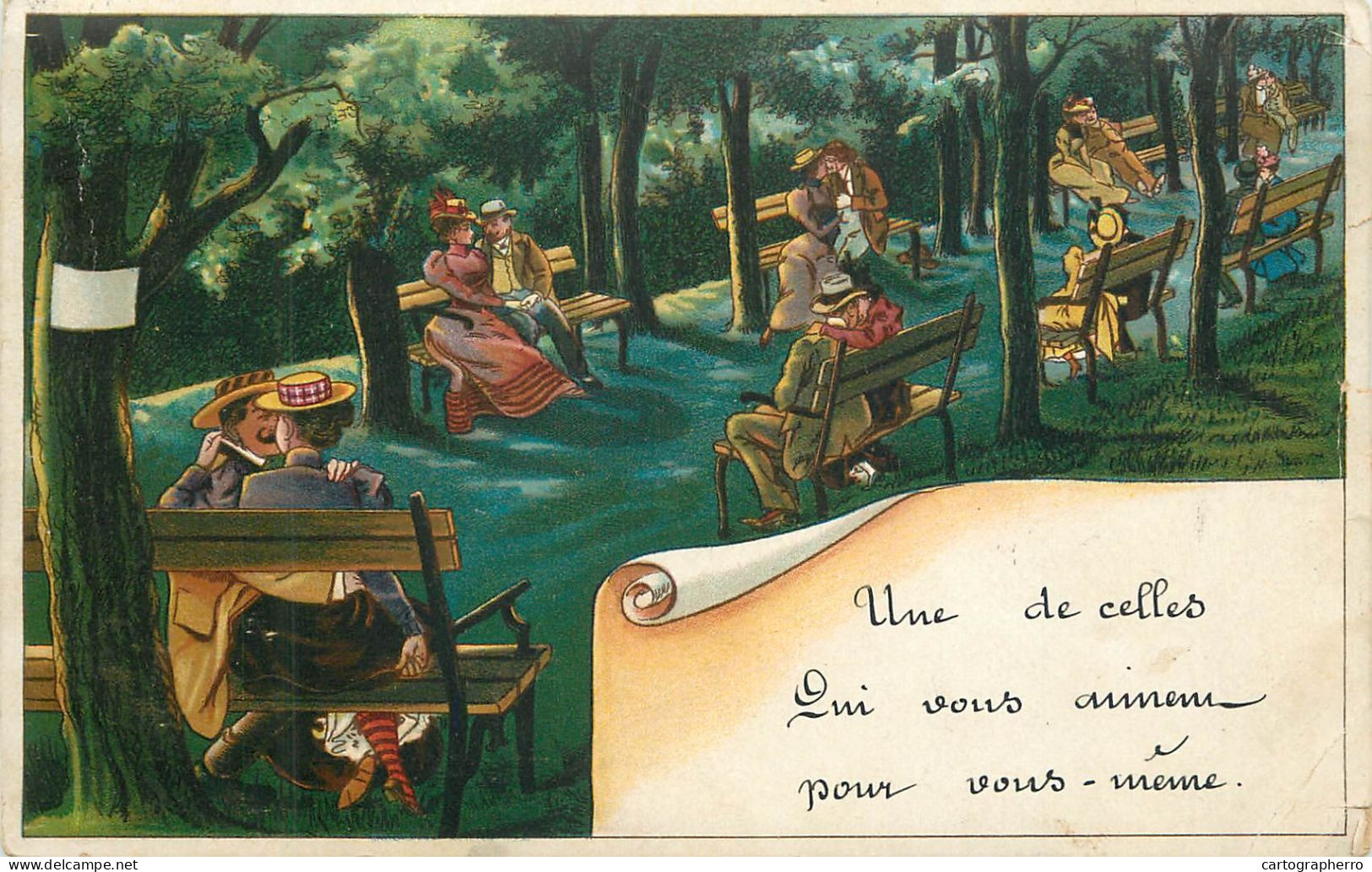 Park Lovers Romantic Couples Caricatures C.1905 - Humour