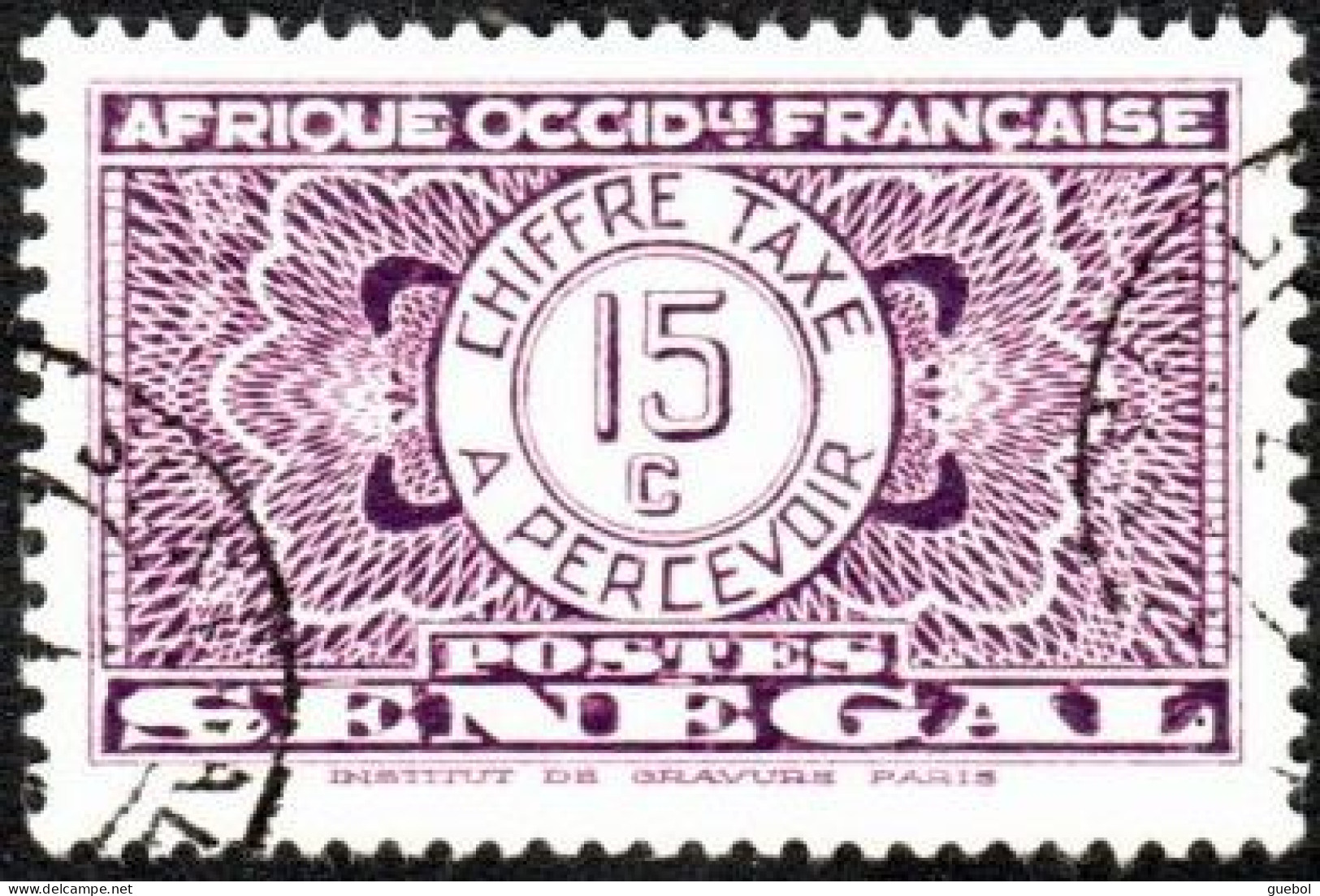 Sénégal Obl. N° Taxe 24 - Pièce De Monnaie Sur Fond Burelé Le 15c Violet - Postage Due