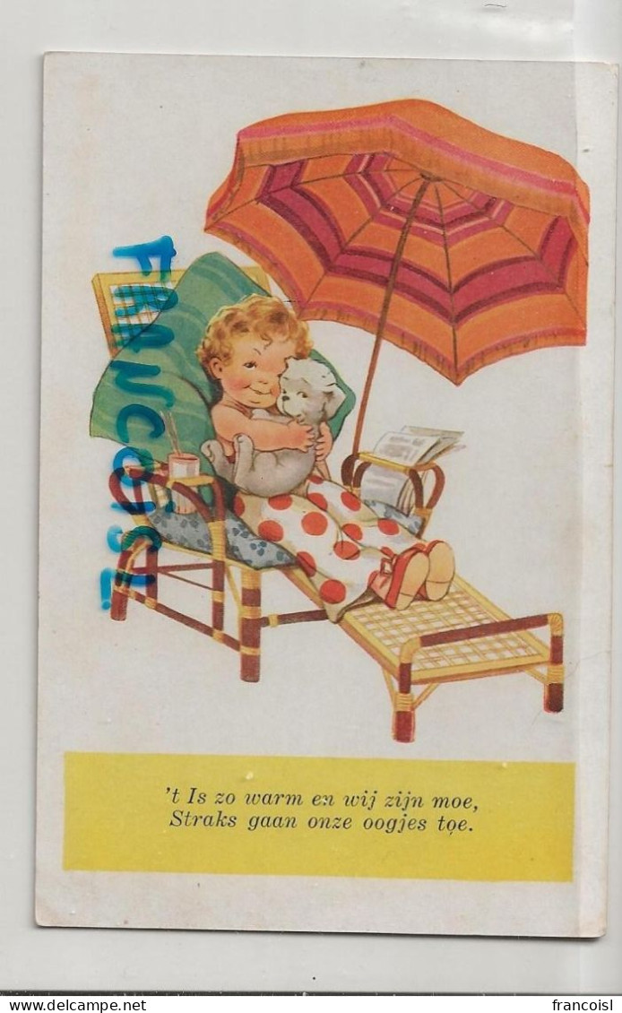 Petite Fille Et Chiot Dans Une Chaise Longue, Parasol,... - Contemporain (à Partir De 1950)