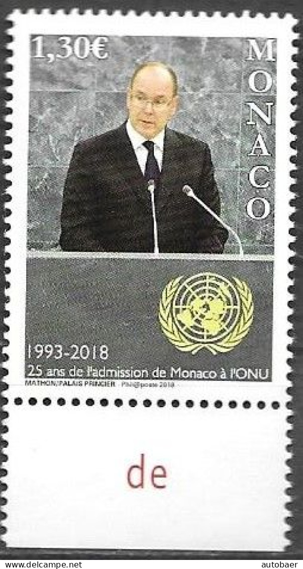 Monaco 2018 25 Years Monaco In The UNO United Nations Albert Michel No. 3399 ** Neuf MNH Postfrisch - Nuovi