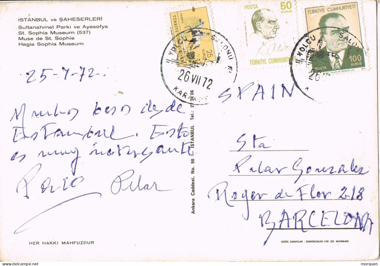 55050. Postal KARAKOY (Turquia) 1972. Vista Istambul Y Santa Sofia Museum - Storia Postale