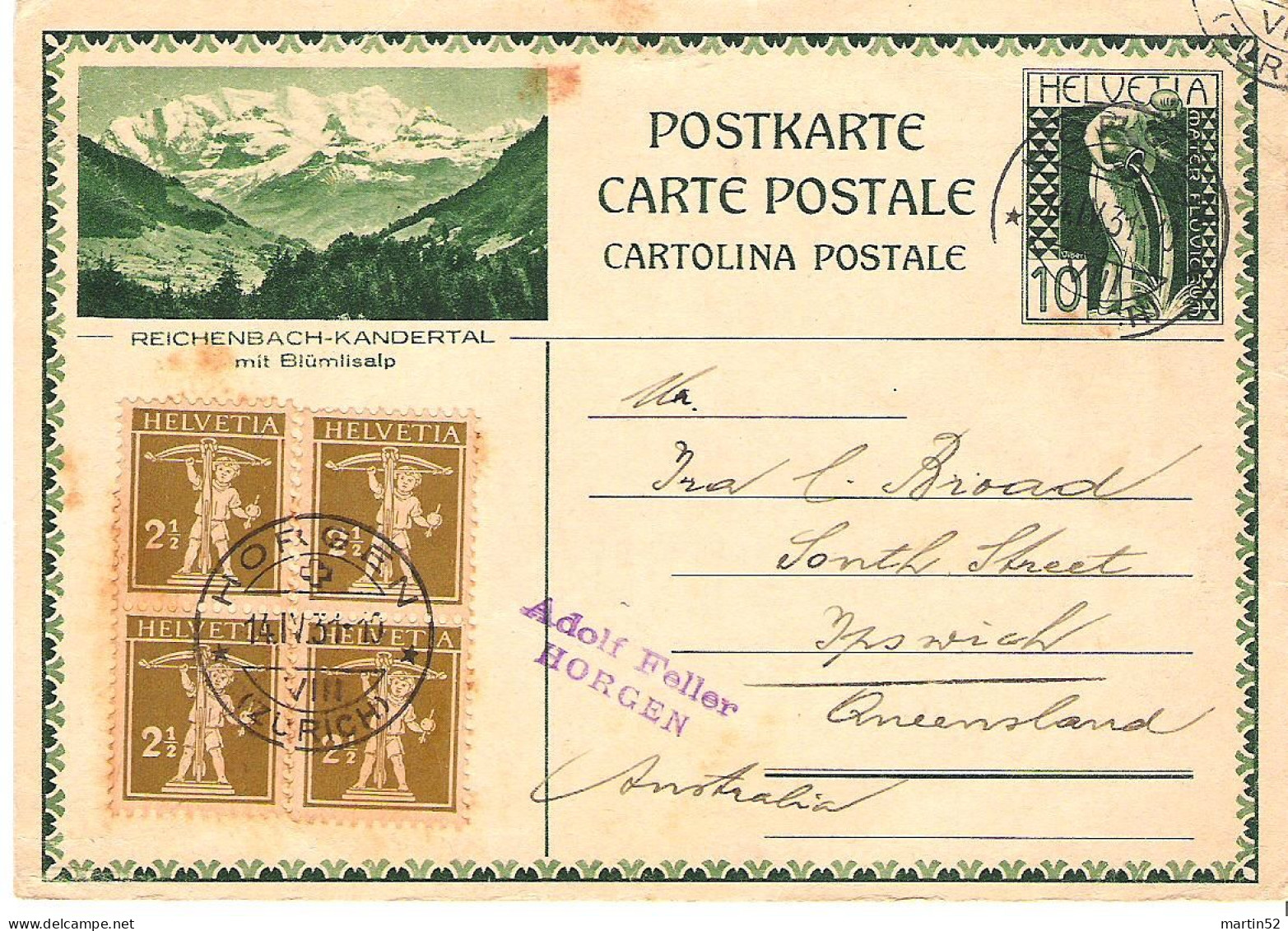 Schweiz Suisse 1931 Bild-PK REICHENBACH-KANDERTAL Zu 169 Mi 198 Yv 196 Mit ⊙ HORGEN 14.IV.31 > Ipswich AU (CHF 22.00) - Entiers Postaux