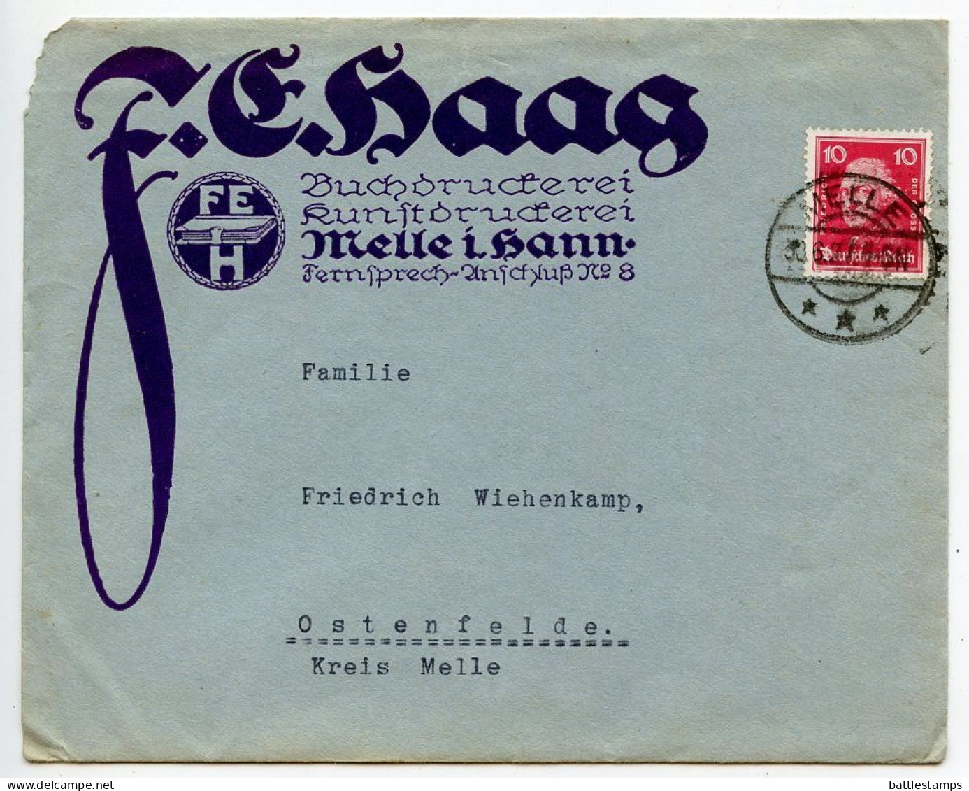 Germany 1927 Cover W/ Invoice & Receipt; Melle - F.E. Haag Buchdruckerei Kunstdruckerei; 10pf. Frederick The Great - Covers & Documents