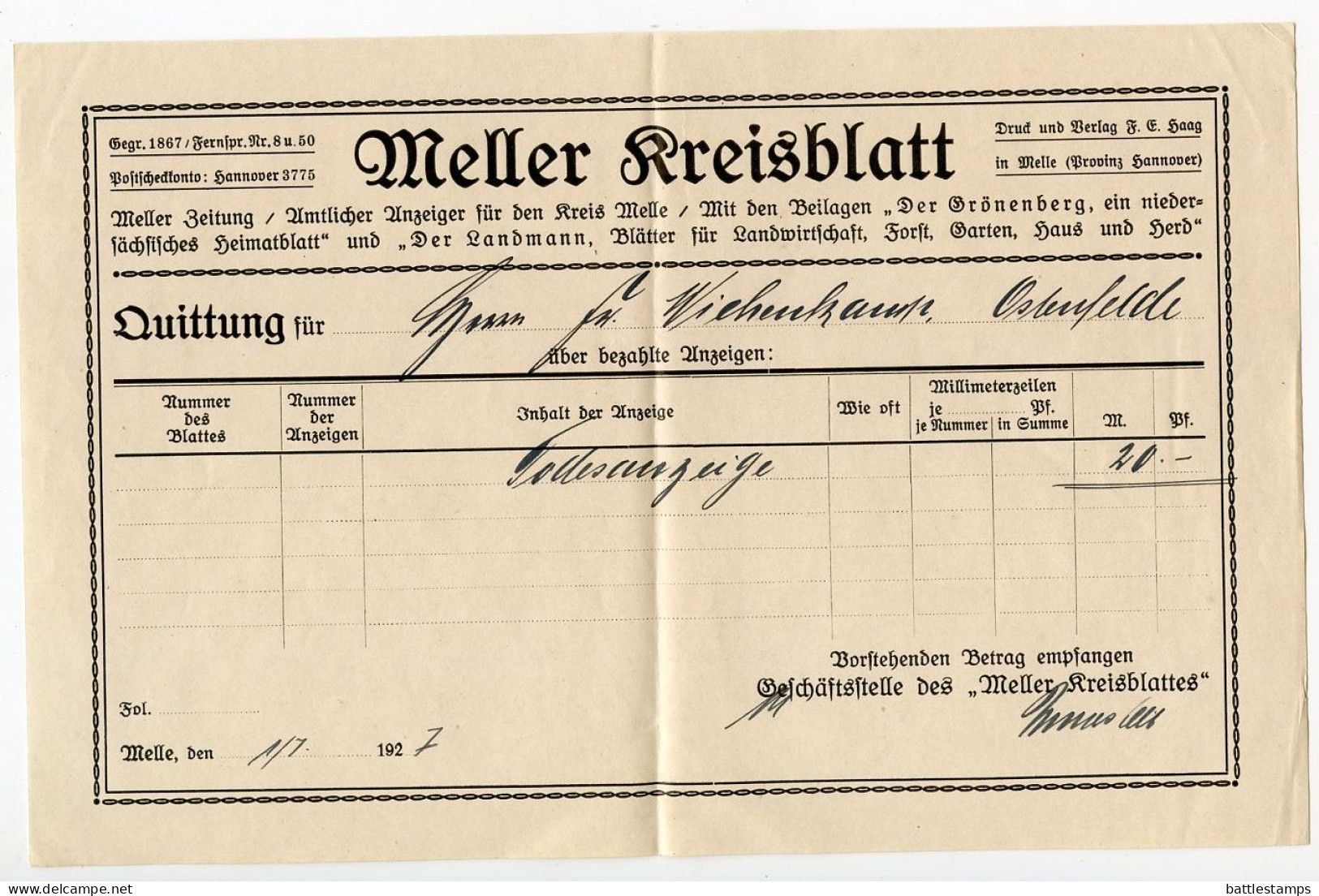 Germany 1927 Cover W/ Invoice & Receipt; Melle - F.E. Haag Buchdruckerei Kunstdruckerei; 10pf. Frederick The Great - Briefe U. Dokumente