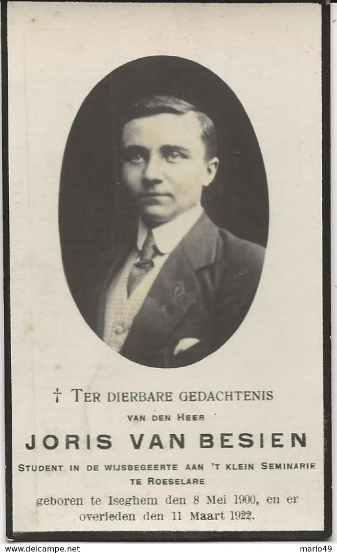 DP. JORIS VAN BESIEN ° ISEGHEM 1900- + 1922 - STUDENT IN DE WIJSBEGEERTE VAN 'T KLEIN SEMINARIE TE ROESELARE - Religión & Esoterismo