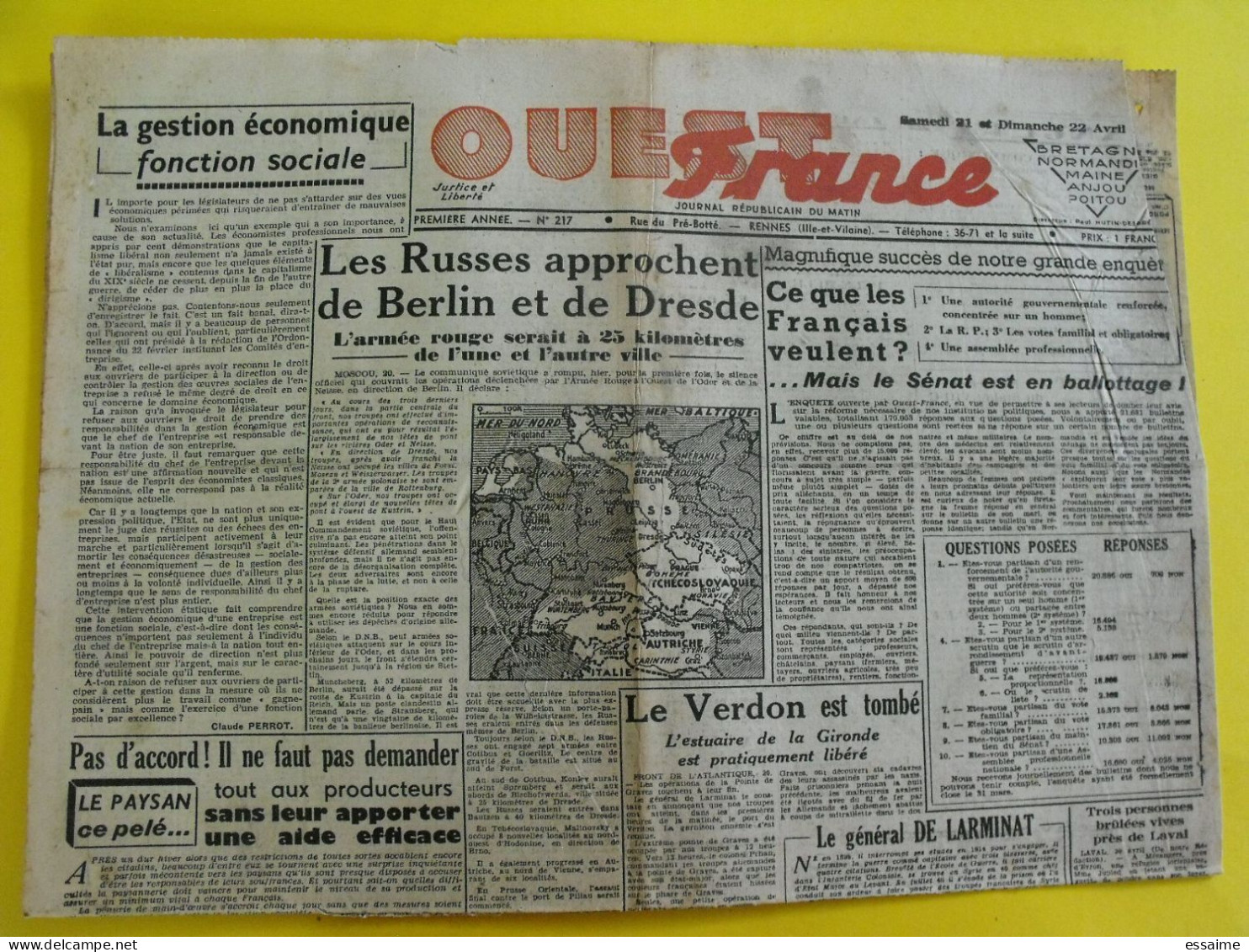 Journal L'Ouest France Du 21-22 Avril 1945. Guerre De Gaulle Verdon  Patton Bologne Dentz Lauriston De Larminat - Sonstige & Ohne Zuordnung