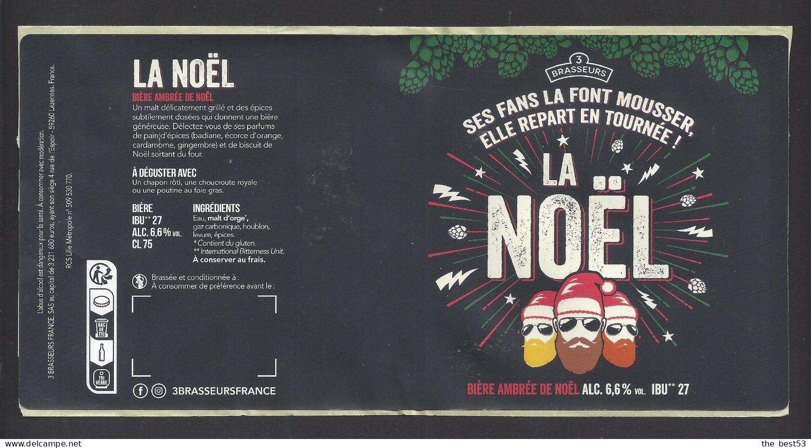 Etiquette De Bière Ambrée   -  La Noël -  Brasserie Des 3 Brasseurs à Lezennes   (59) - Beer