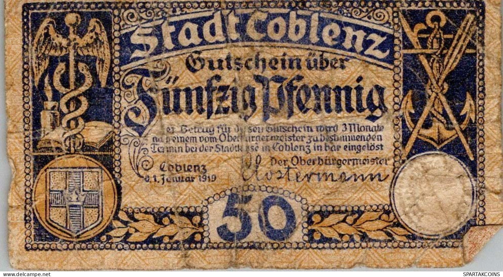 50 PFENNIG 1919 Stadt KOBLENZ Rhine DEUTSCHLAND Notgeld Banknote #PG454 - [11] Emissions Locales