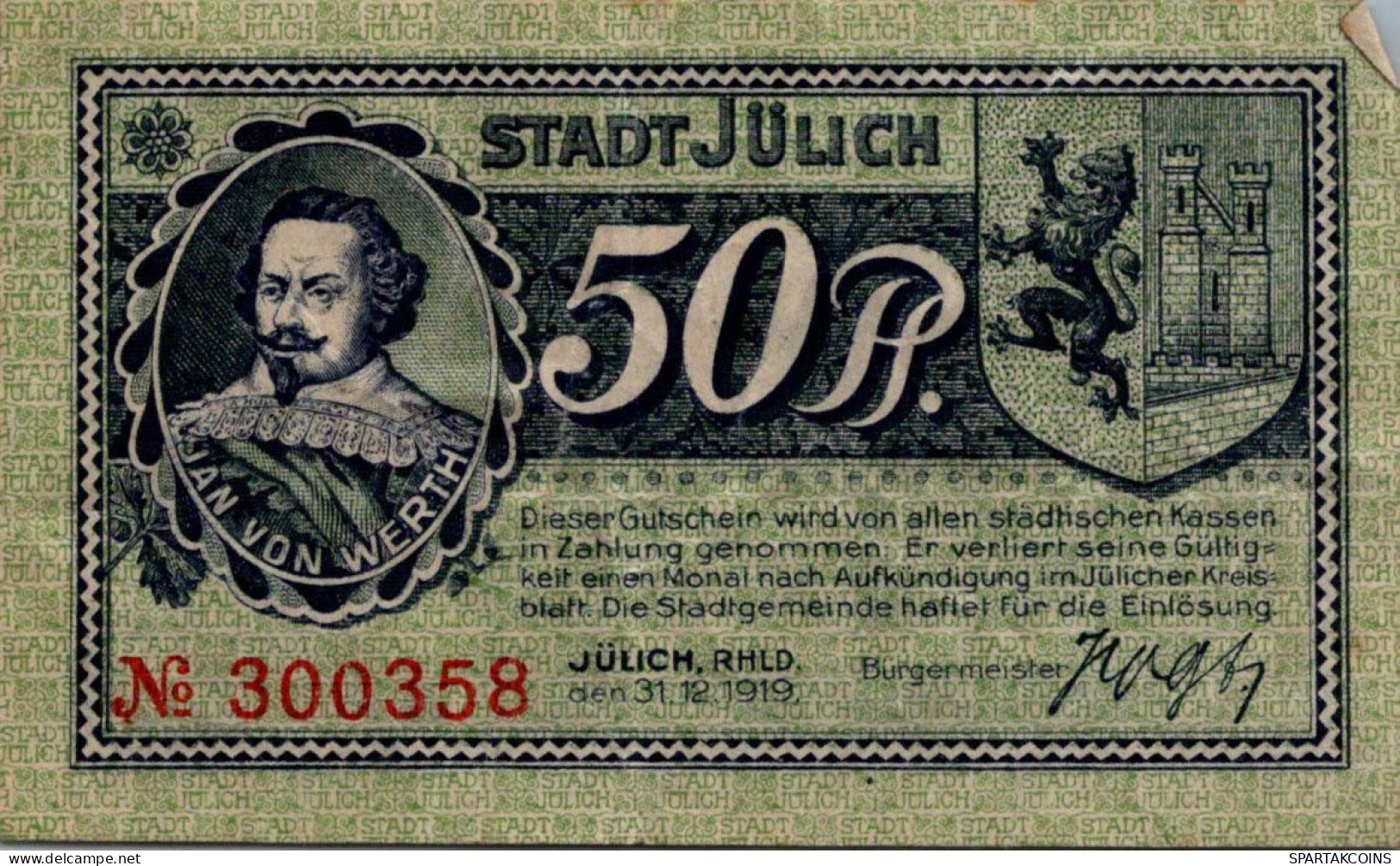 50 PFENNIG 1919 Stadt JÜLICH Rhine DEUTSCHLAND Notgeld Banknote #PG423 - [11] Emissions Locales