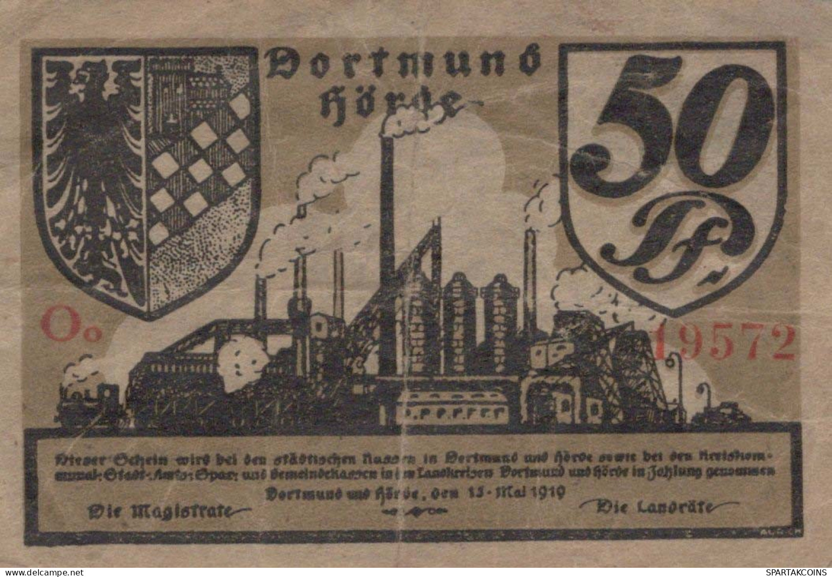 50 PFENNIG 1919 Stadt DORTMUND AND HoRDE Westphalia DEUTSCHLAND Notgeld #PG086 - [11] Emissions Locales