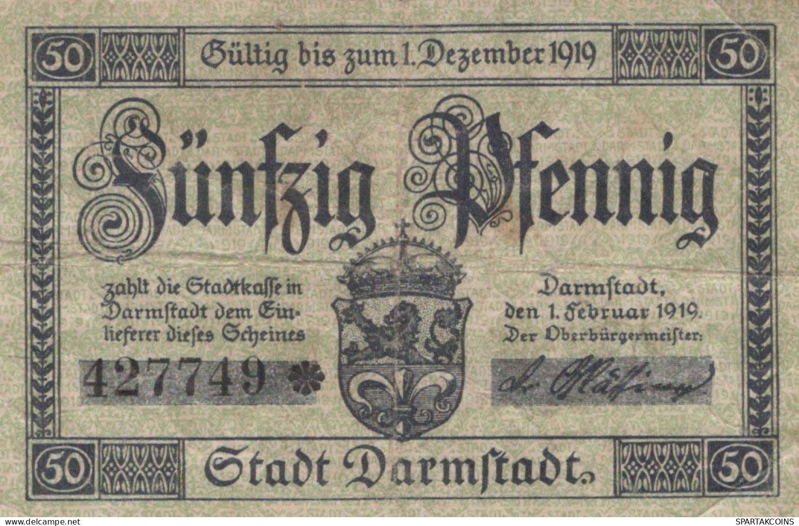 50 PFENNIG 1919 Stadt DARMSTADT Hesse DEUTSCHLAND Notgeld Banknote #PG461 - [11] Local Banknote Issues