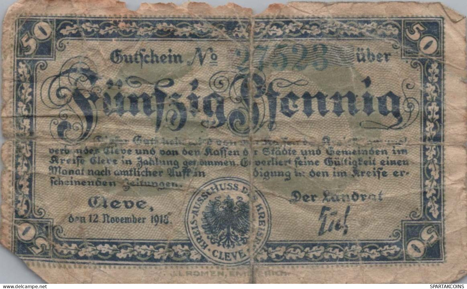 50 PFENNIG 1918 Stadt RHINE Rhine DEUTSCHLAND Notgeld Banknote #PG448 - [11] Emissions Locales