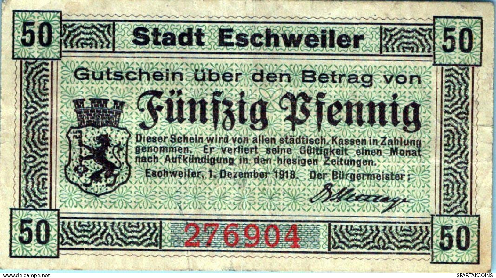 50 PFENNIG 1918 Stadt ESCHWEILER Rhine DEUTSCHLAND Notgeld Banknote #PG462 - [11] Local Banknote Issues