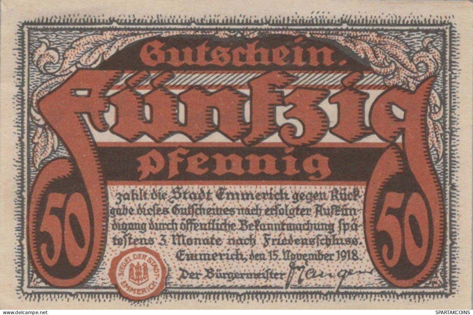 50 PFENNIG 1918 Stadt EMMERICH Rhine DEUTSCHLAND Notgeld Banknote #PG056 - [11] Local Banknote Issues