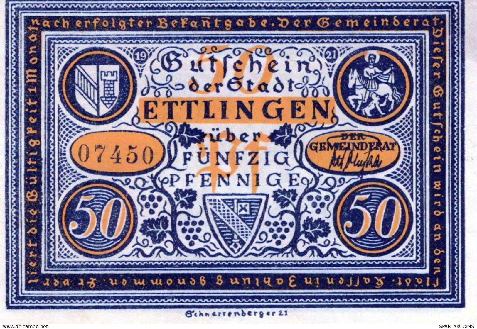 50 PFENNIG 1921 Stadt ETTLINGEN Baden UNC DEUTSCHLAND Notgeld Banknote #PB367 - [11] Local Banknote Issues