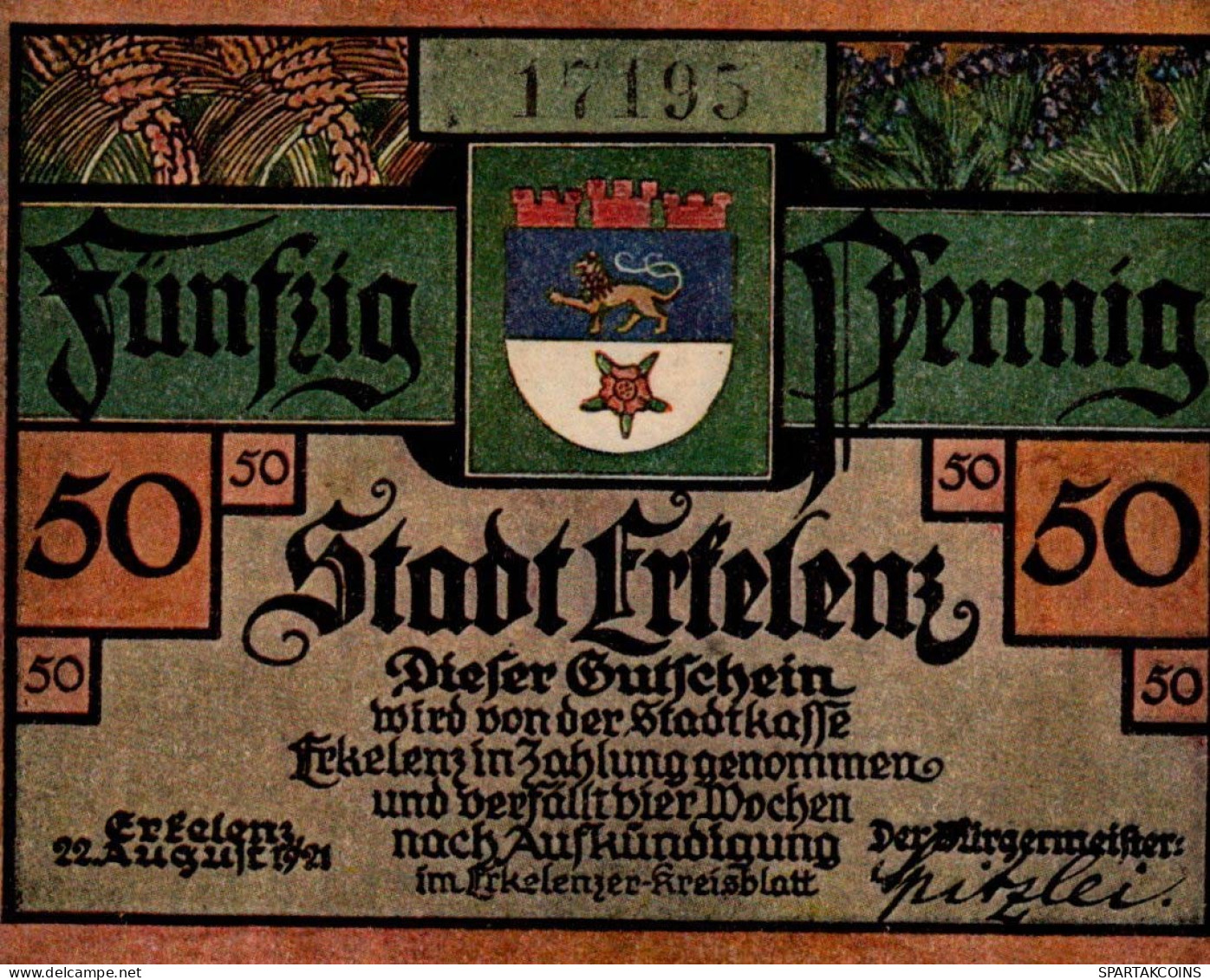 50 PFENNIG 1921 Stadt ERKELENZ Rhine UNC DEUTSCHLAND Notgeld Banknote #PB323 - [11] Local Banknote Issues