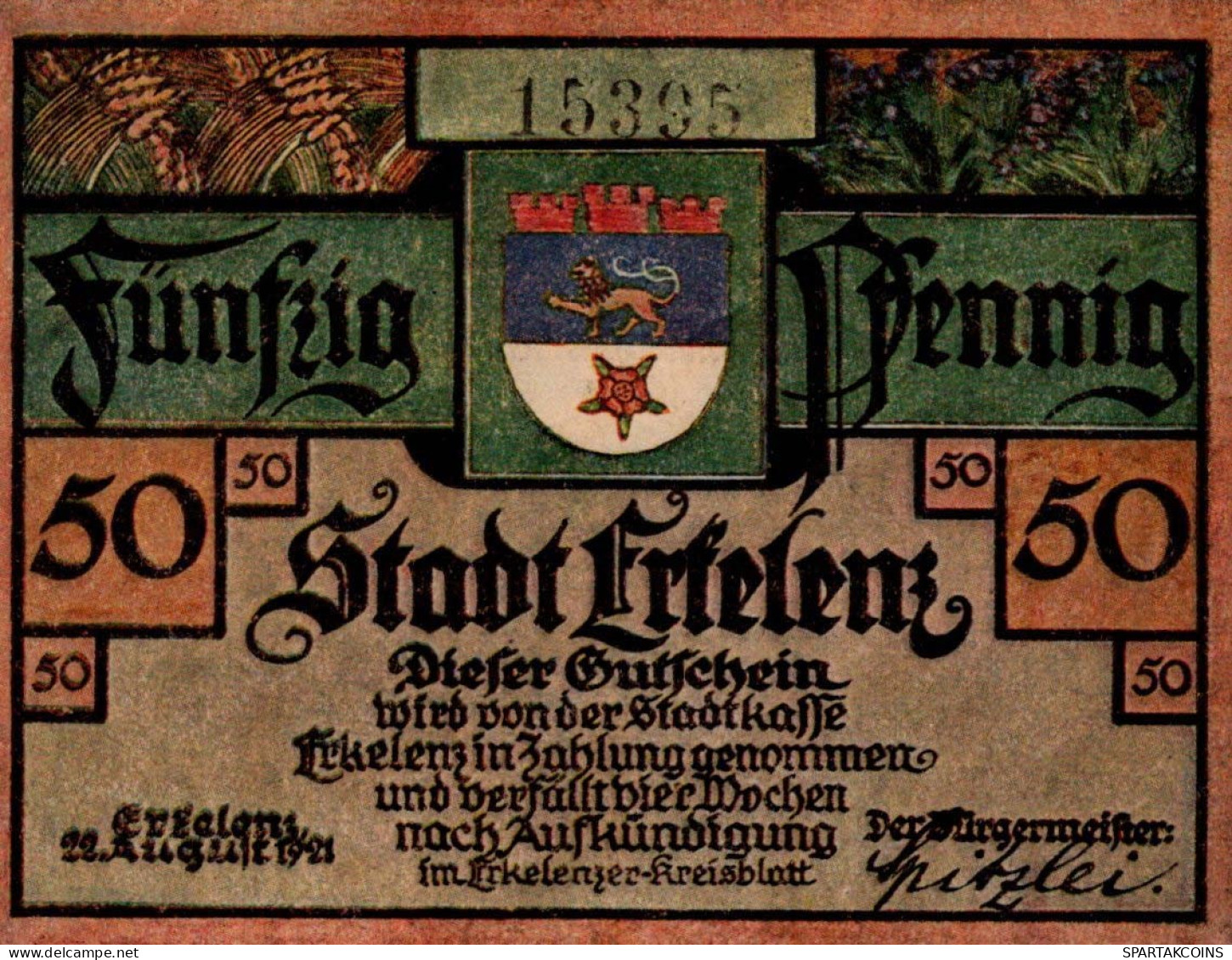 50 PFENNIG 1921 Stadt ERKELENZ Rhine UNC DEUTSCHLAND Notgeld Banknote #PA557 - [11] Local Banknote Issues