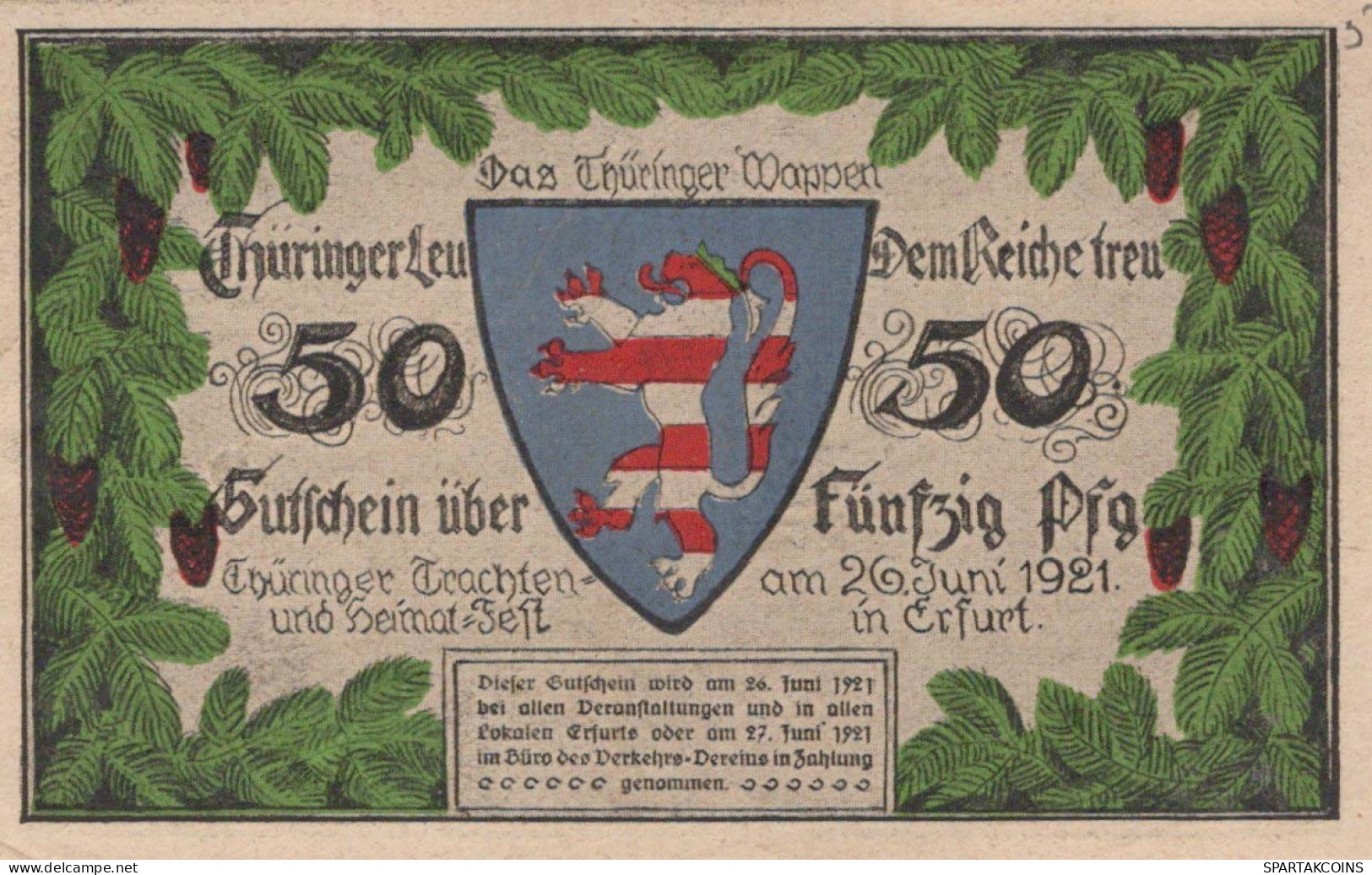 50 PFENNIG 1921 Stadt ERFURT Saxony UNC DEUTSCHLAND Notgeld Banknote #PB321 - [11] Lokale Uitgaven
