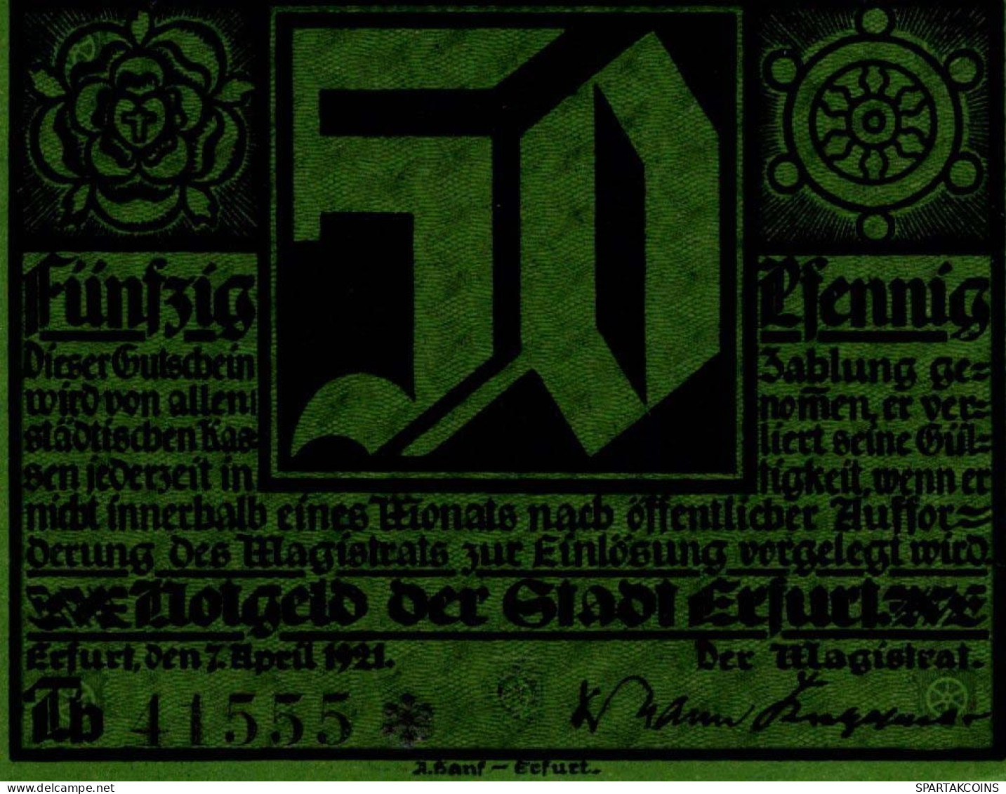 50 PFENNIG 1921 Stadt ERFURT Saxony UNC DEUTSCHLAND Notgeld Banknote #PB291 - [11] Local Banknote Issues