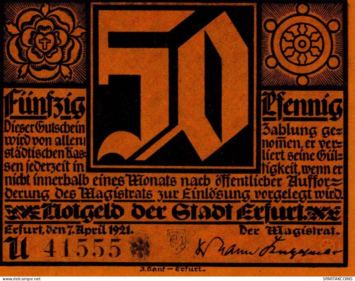50 PFENNIG 1921 Stadt ERFURT Saxony UNC DEUTSCHLAND Notgeld Banknote #PB289 - [11] Local Banknote Issues
