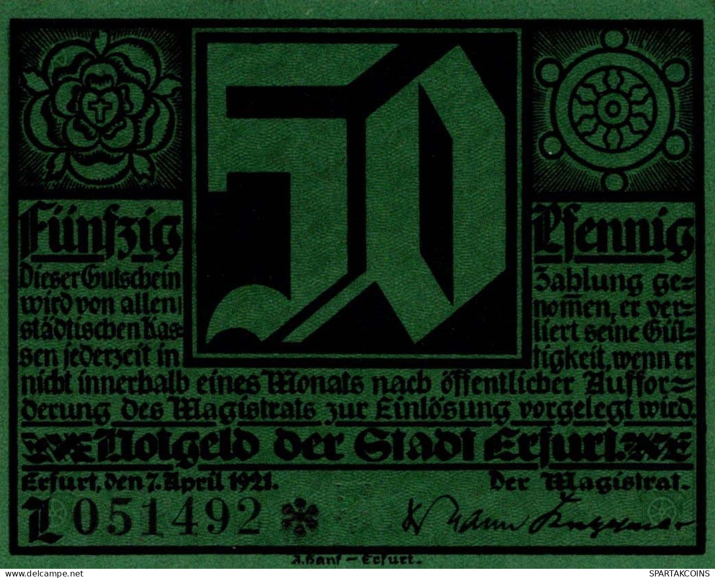 50 PFENNIG 1921 Stadt ERFURT Saxony UNC DEUTSCHLAND Notgeld Banknote #PB283 - [11] Lokale Uitgaven