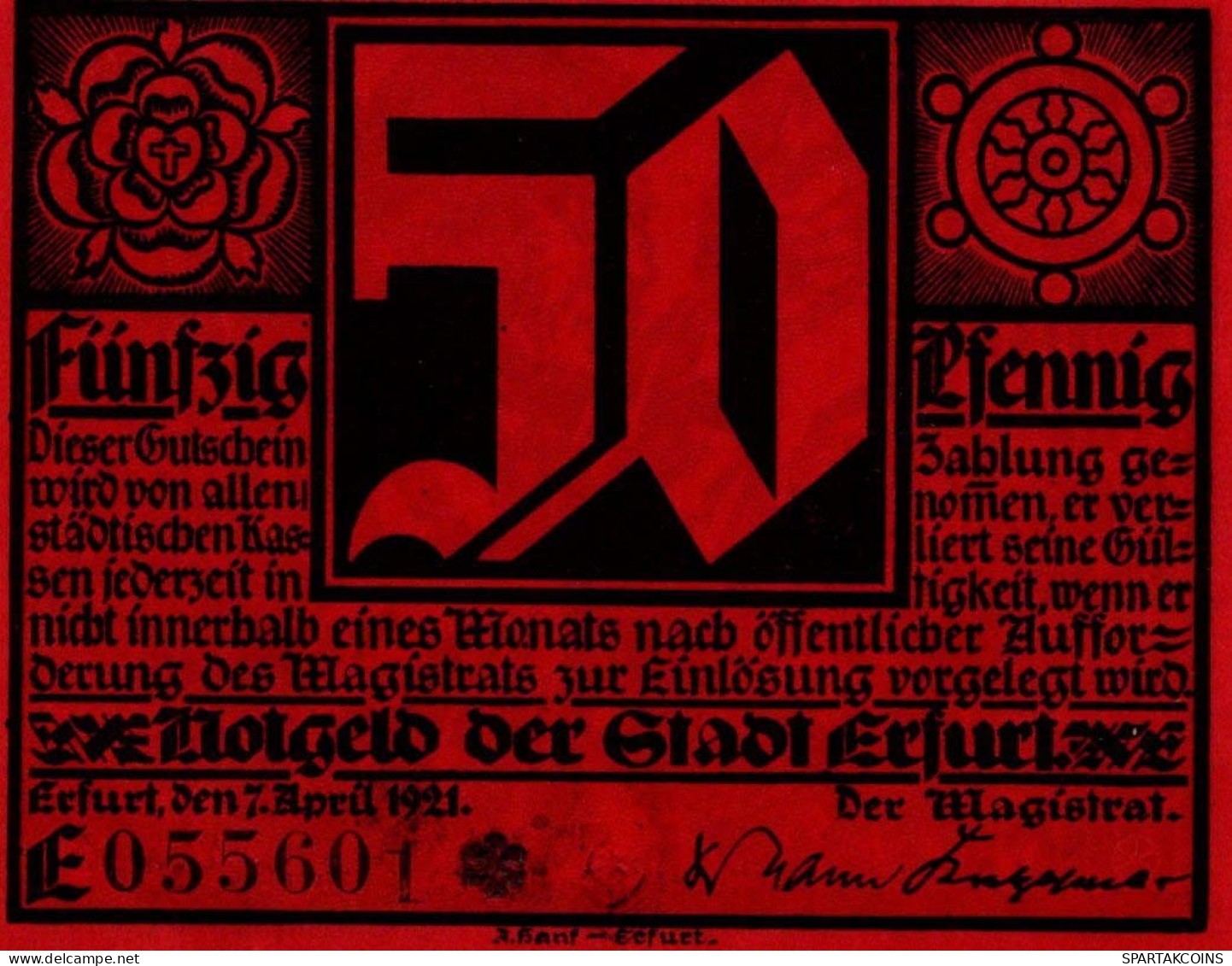 50 PFENNIG 1921 Stadt ERFURT Saxony UNC DEUTSCHLAND Notgeld Banknote #PB285 - [11] Emissions Locales