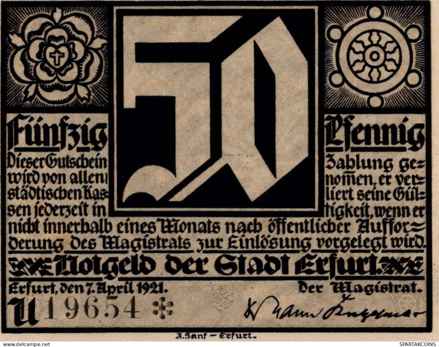 50 PFENNIG 1921 Stadt ERFURT Saxony UNC DEUTSCHLAND Notgeld Banknote #PB278 - [11] Emissions Locales