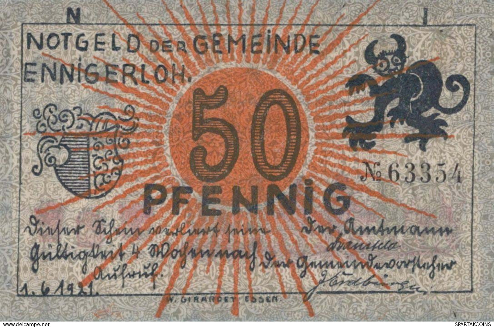 50 PFENNIG 1921 Stadt ENNIGERLOH Westphalia UNC DEUTSCHLAND Notgeld #PB245 - [11] Lokale Uitgaven