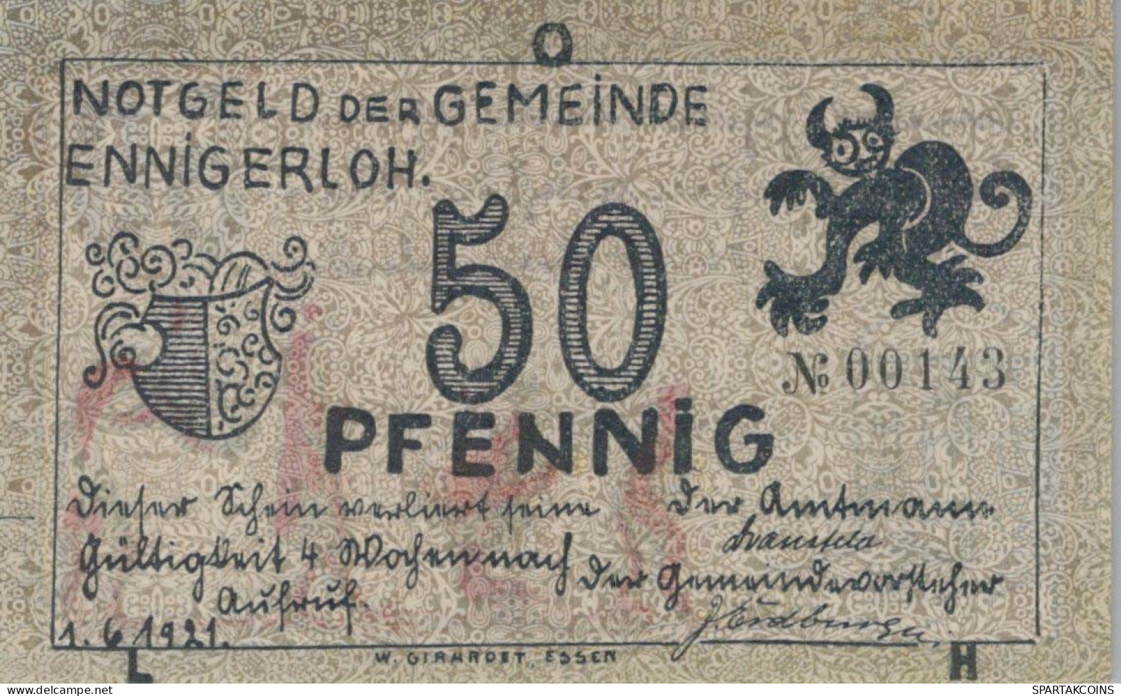 50 PFENNIG 1921 Stadt ENNIGERLOH Westphalia UNC DEUTSCHLAND Notgeld #PB246 - [11] Emissioni Locali