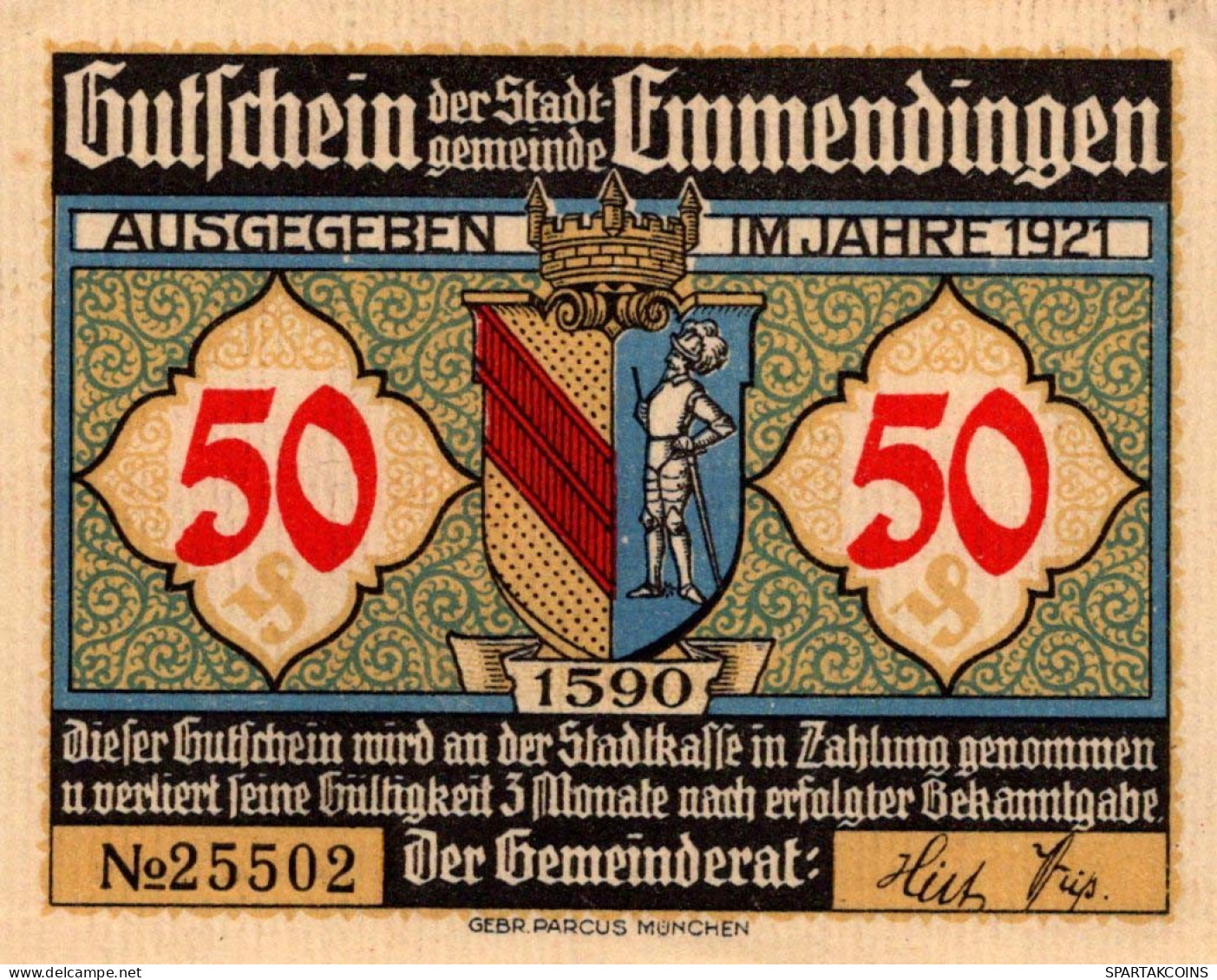 50 PFENNIG 1921 Stadt EMMENDINGEN Baden UNC DEUTSCHLAND Notgeld Banknote #PB233 - [11] Emissioni Locali